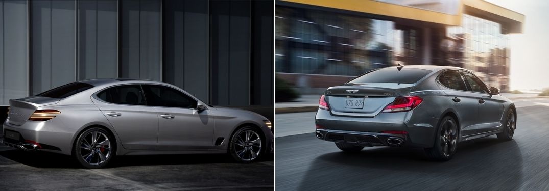 Silver 2022 Genesis G70 Rear Exterior in a Driveway vs Silver 2021 Genesis G70 Rear Exterior on a City Street